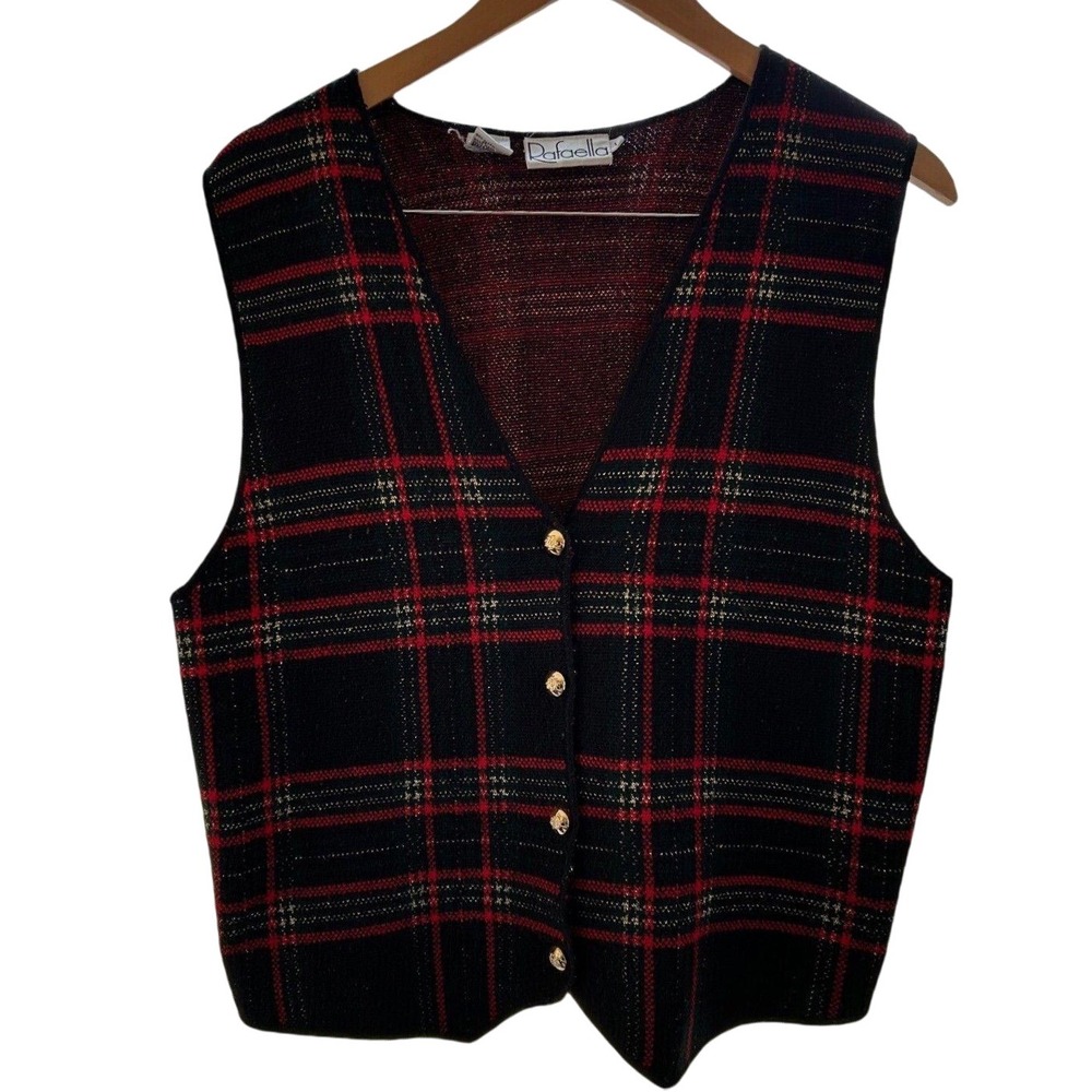 Vintage RAFAELLA knit metallic thread plaid sweater vest sz large red black 90s